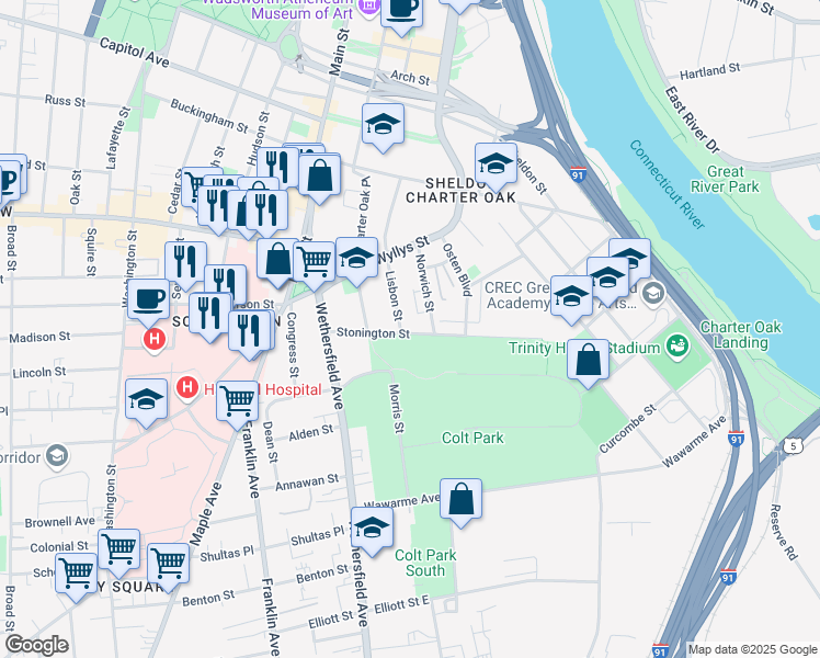 map of restaurants, bars, coffee shops, grocery stores, and more near 60 Stonington Street in Hartford