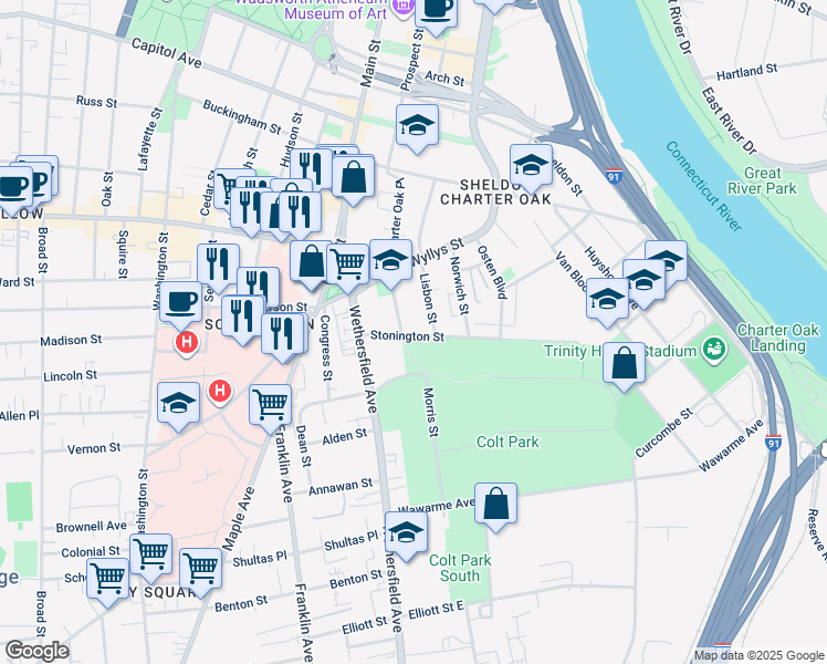 map of restaurants, bars, coffee shops, grocery stores, and more near 60 Stonington Street in Hartford