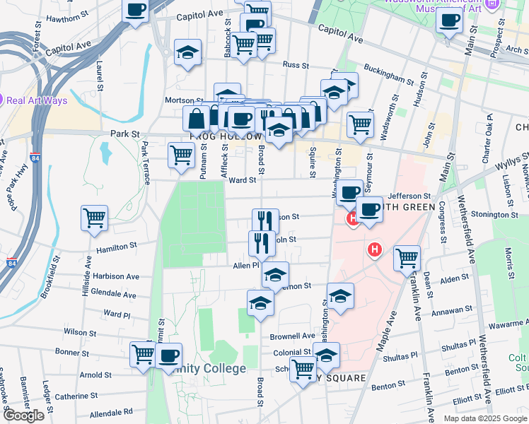 map of restaurants, bars, coffee shops, grocery stores, and more near 1130 Broad Street in Hartford