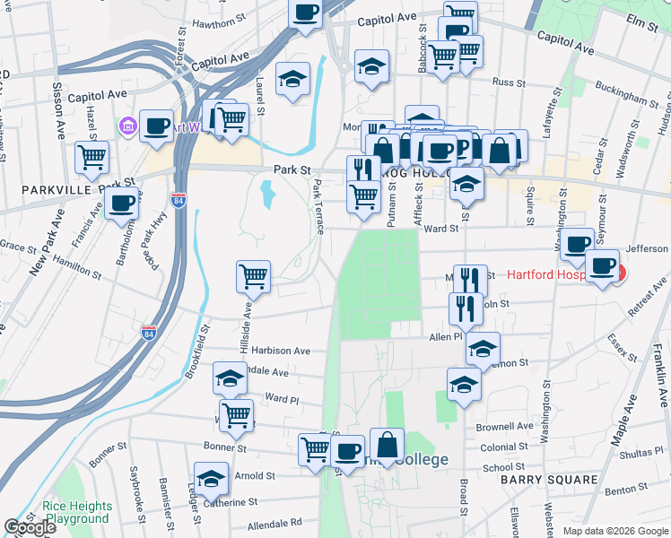 map of restaurants, bars, coffee shops, grocery stores, and more near in Hartford