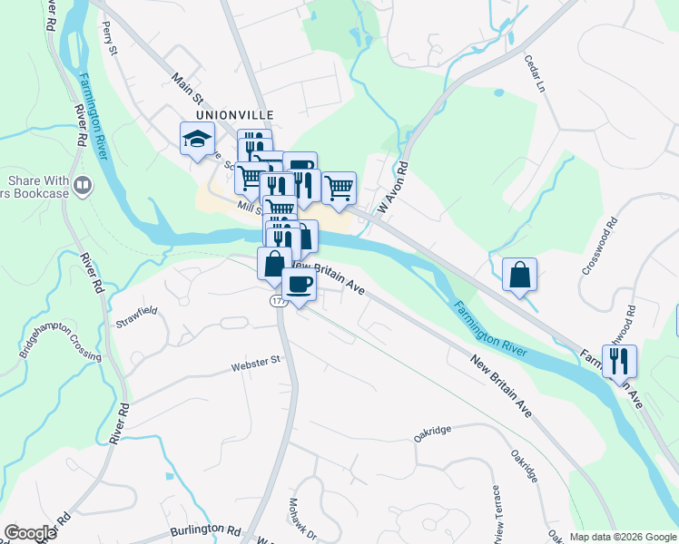 map of restaurants, bars, coffee shops, grocery stores, and more near 80 New Britain Avenue in Farmington