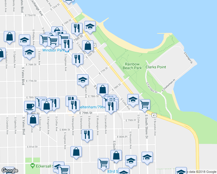 map of restaurants, bars, coffee shops, grocery stores, and more near 2921 East 78th Street in Chicago