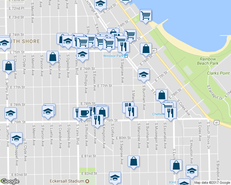 map of restaurants, bars, coffee shops, grocery stores, and more near 2606 East 78th Street in Chicago