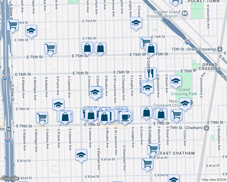 map of restaurants, bars, coffee shops, grocery stores, and more near 7726 South Saint Lawrence Avenue in Chicago
