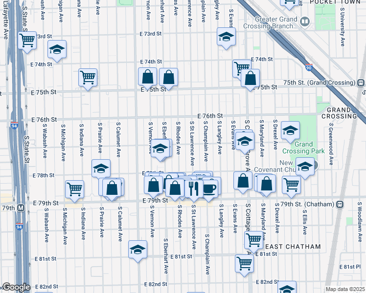 map of restaurants, bars, coffee shops, grocery stores, and more near 7726 South Saint Lawrence Avenue in Chicago