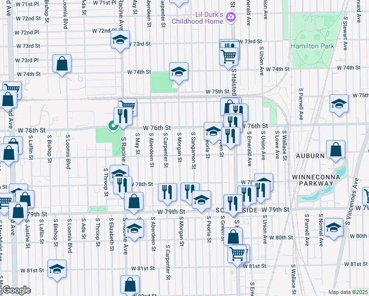 map of restaurants, bars, coffee shops, grocery stores, and more near 7704 South Sangamon Street in Chicago