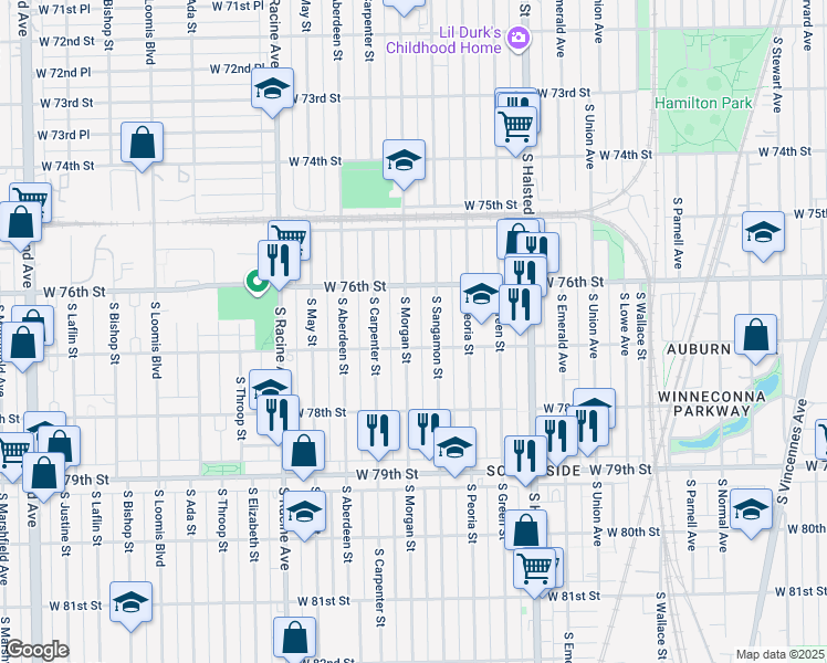 map of restaurants, bars, coffee shops, grocery stores, and more near 7704 South Sangamon Street in Chicago