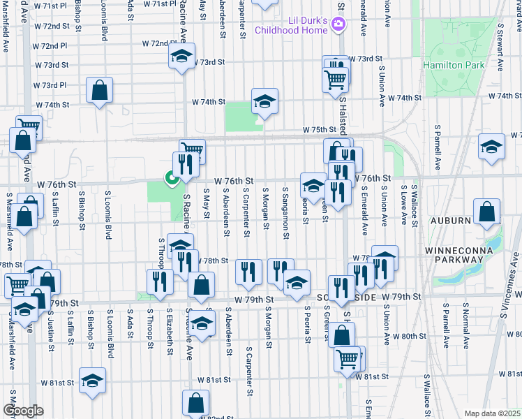 map of restaurants, bars, coffee shops, grocery stores, and more near 1005 West 77th Street in Chicago