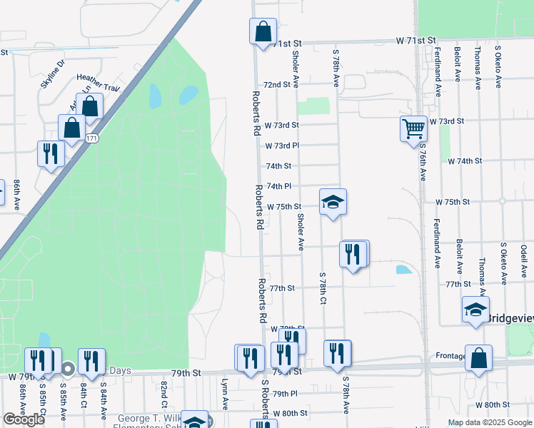map of restaurants, bars, coffee shops, grocery stores, and more near 7539 Roberts Road in Bridgeview