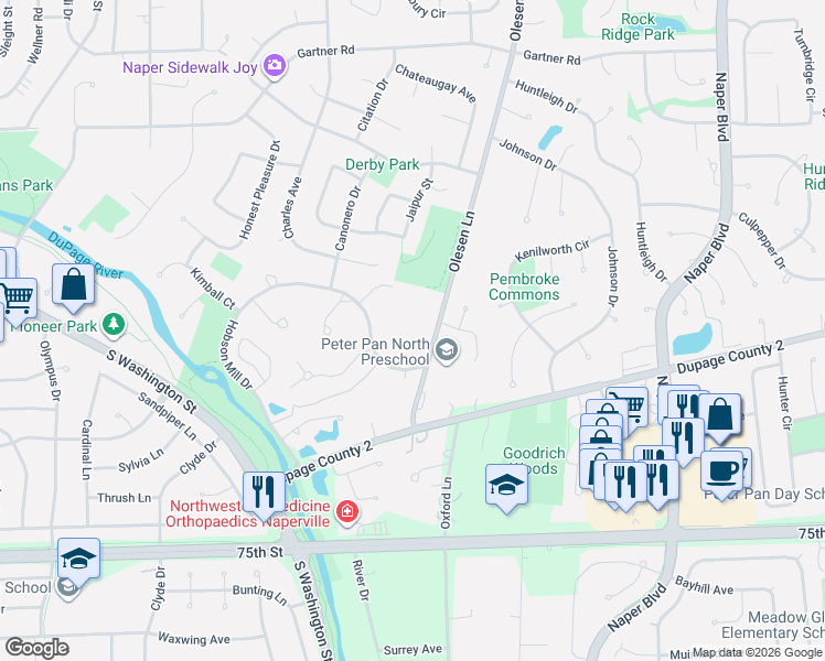 map of restaurants, bars, coffee shops, grocery stores, and more near 1199 Hobson Mill Drive in Naperville