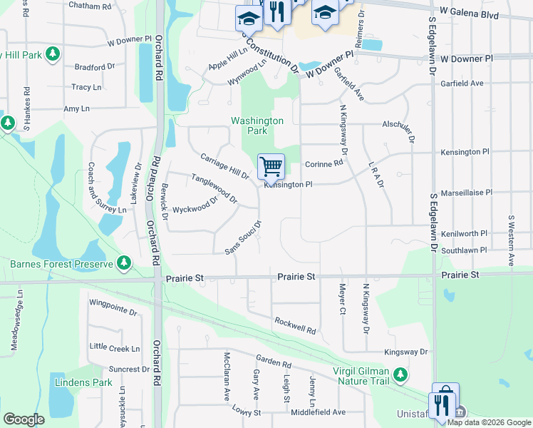 map of restaurants, bars, coffee shops, grocery stores, and more near 400 Sans Souci Drive in Aurora