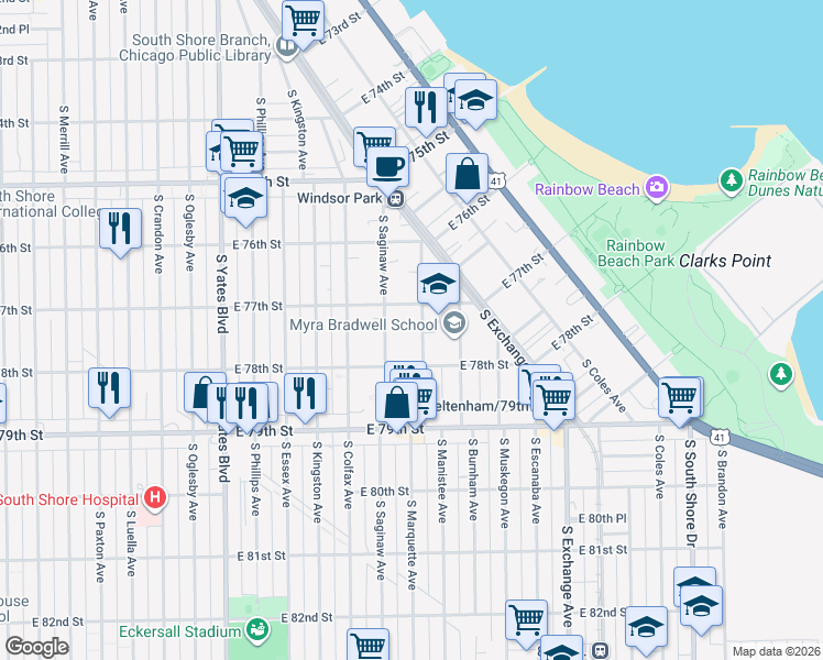 map of restaurants, bars, coffee shops, grocery stores, and more near 7751 South Saginaw Avenue in Chicago