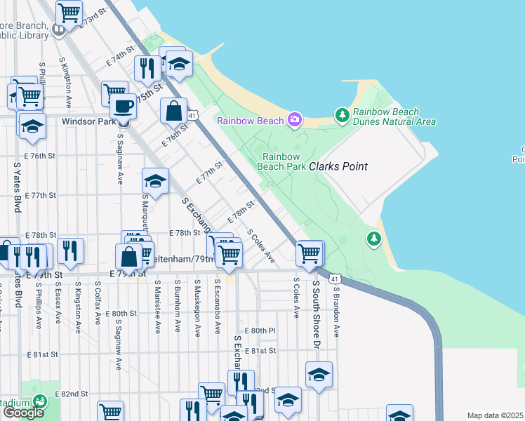 map of restaurants, bars, coffee shops, grocery stores, and more near 7825 South Coles Avenue in Chicago