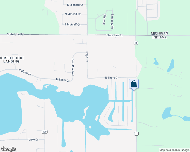 map of restaurants, bars, coffee shops, grocery stores, and more near 25060 North Shore Drive in Elkhart