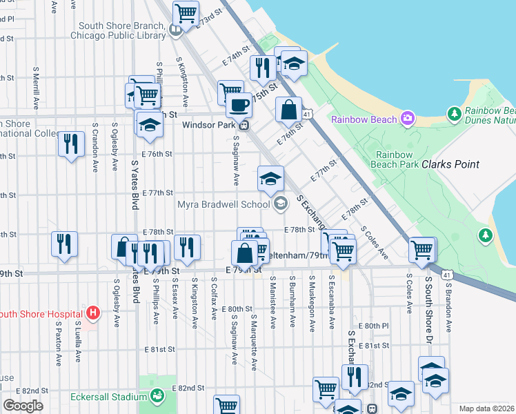 map of restaurants, bars, coffee shops, grocery stores, and more near 7720 South Marquette Avenue in Chicago