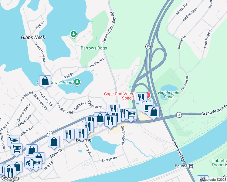 map of restaurants, bars, coffee shops, grocery stores, and more near 33 Head of the Bay Road in Bourne