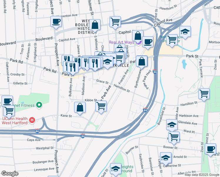 map of restaurants, bars, coffee shops, grocery stores, and more near 76 New Park Avenue in Hartford