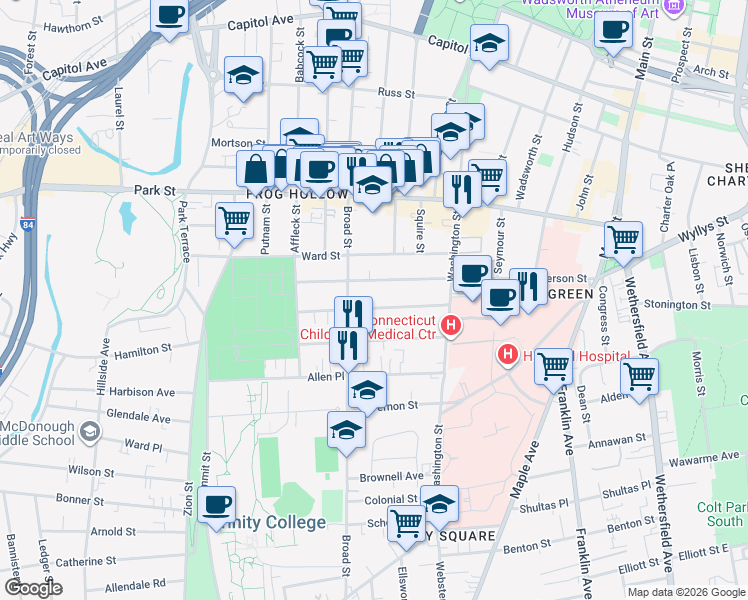 map of restaurants, bars, coffee shops, grocery stores, and more near 59 Madison Street in Hartford