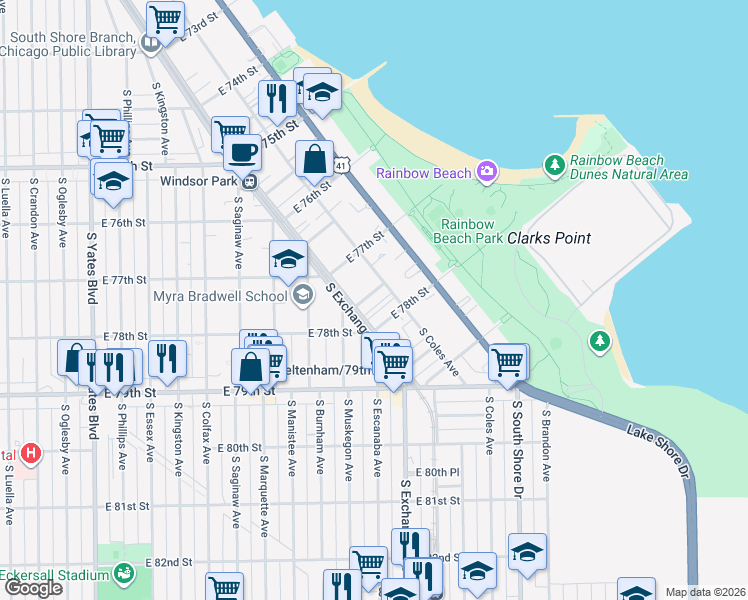 map of restaurants, bars, coffee shops, grocery stores, and more near 2921 East 78th Street in Chicago
