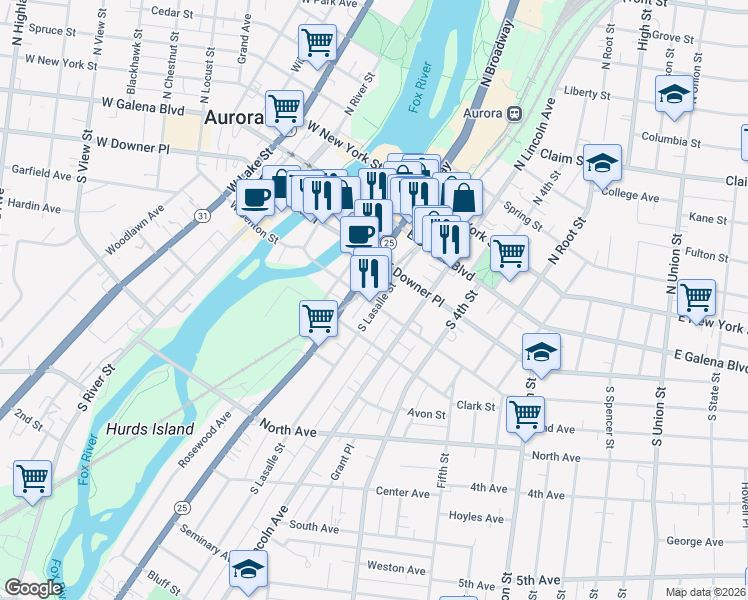 map of restaurants, bars, coffee shops, grocery stores, and more near 83 South Lasalle Street in Aurora