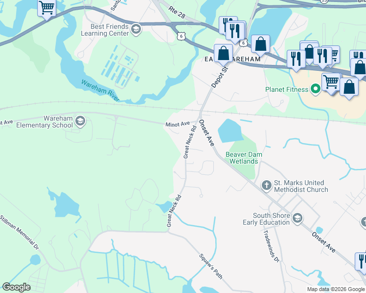 map of restaurants, bars, coffee shops, grocery stores, and more near 15 Great Neck Road in Wareham