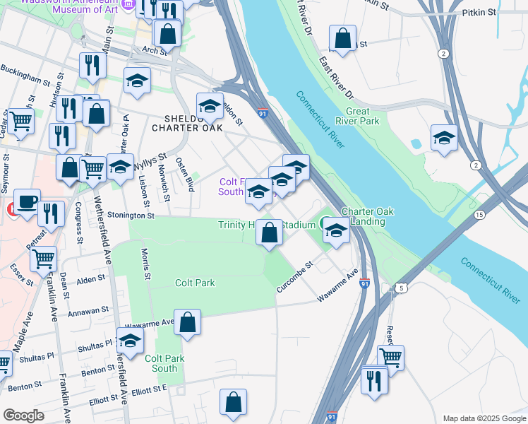 map of restaurants, bars, coffee shops, grocery stores, and more near 65 Van Block Avenue in Hartford