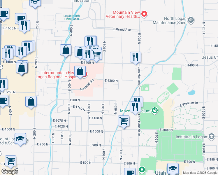 map of restaurants, bars, coffee shops, grocery stores, and more near 633 East 1260 North in Logan