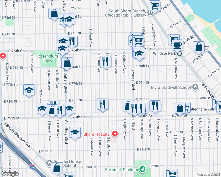 map of restaurants, bars, coffee shops, grocery stores, and more near 7746 South Luella Avenue in Chicago