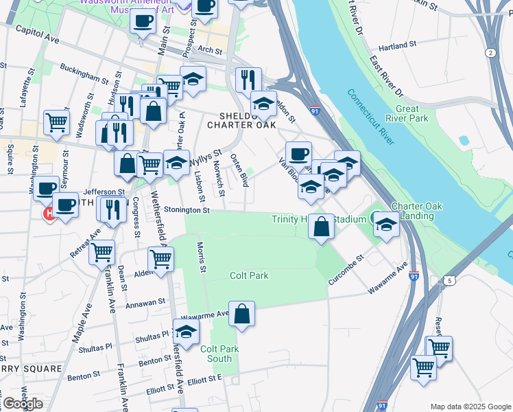 map of restaurants, bars, coffee shops, grocery stores, and more near 134 Stonington Street in Hartford