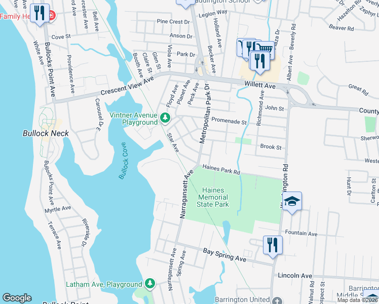 map of restaurants, bars, coffee shops, grocery stores, and more near 11 Rogers Avenue in East Providence