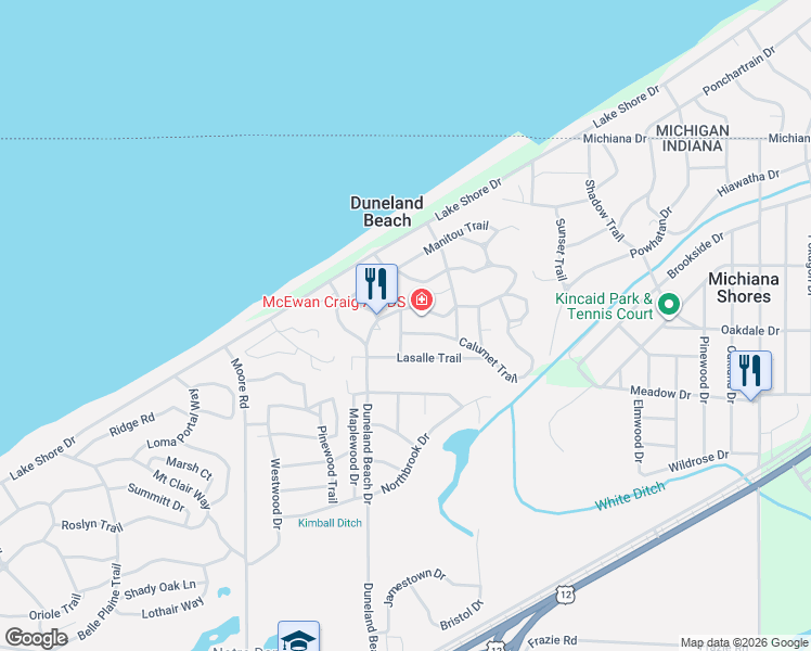 map of restaurants, bars, coffee shops, grocery stores, and more near 3317-3329 Marquette Trail in Michigan City