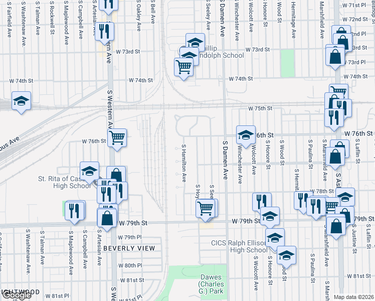 map of restaurants, bars, coffee shops, grocery stores, and more near 7605 South Hamilton Avenue in Chicago