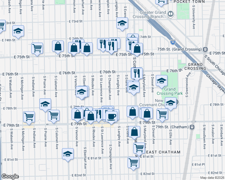 map of restaurants, bars, coffee shops, grocery stores, and more near 7636 South Champlain Avenue in Chicago