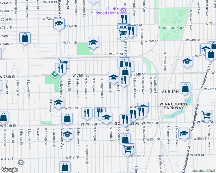 map of restaurants, bars, coffee shops, grocery stores, and more near 7617 South Peoria Street in Chicago
