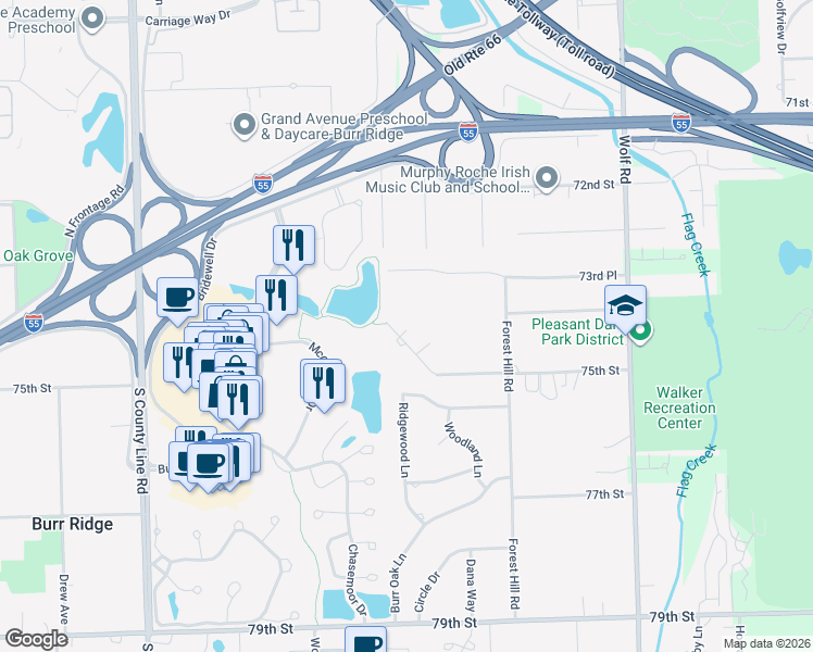 map of restaurants, bars, coffee shops, grocery stores, and more near 11475 73rd Place in Burr Ridge