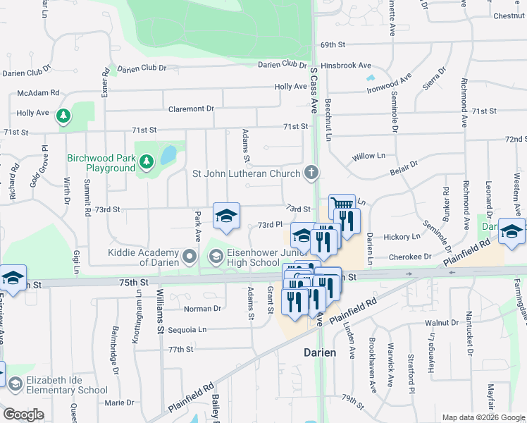 map of restaurants, bars, coffee shops, grocery stores, and more near 18W101 Belair Court in Darien