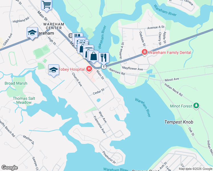 map of restaurants, bars, coffee shops, grocery stores, and more near 58A Main Street in Wareham