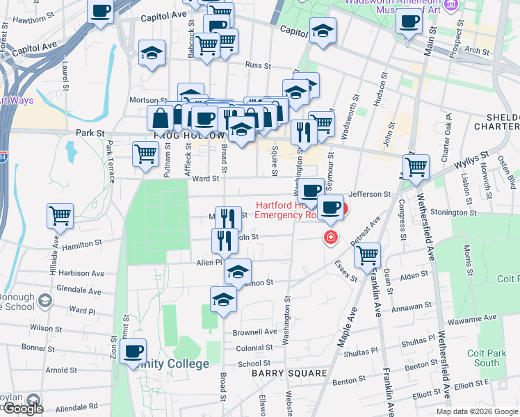 map of restaurants, bars, coffee shops, grocery stores, and more near 246 Jefferson Street in Hartford