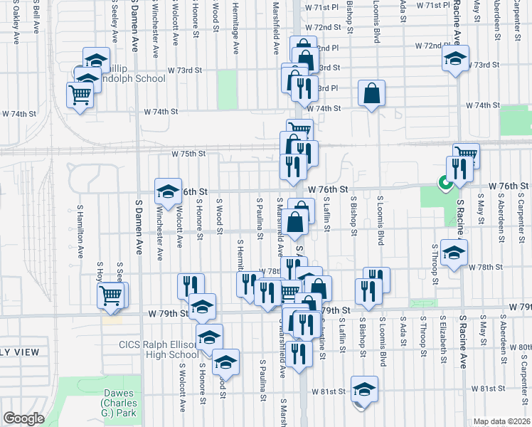 map of restaurants, bars, coffee shops, grocery stores, and more near 7605 South Paulina Street in Chicago