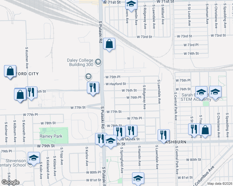 map of restaurants, bars, coffee shops, grocery stores, and more near 3841 West Hayford Street in Chicago