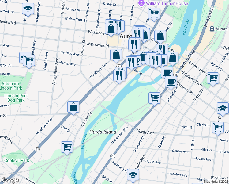 map of restaurants, bars, coffee shops, grocery stores, and more near 160 South River Street in Aurora