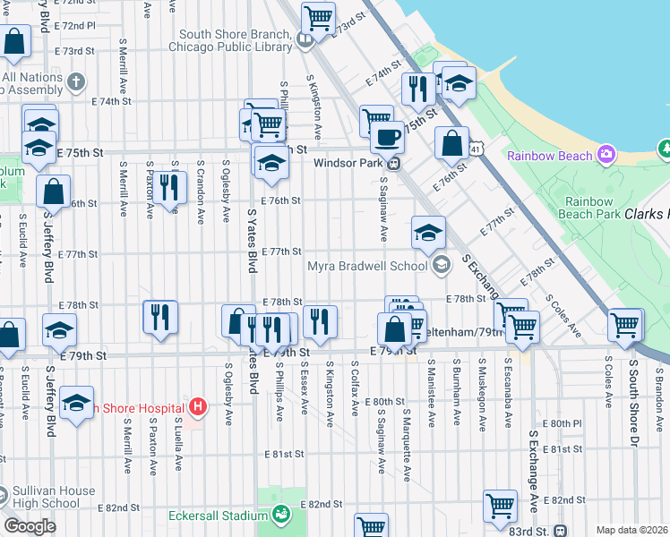 map of restaurants, bars, coffee shops, grocery stores, and more near 2536 East 77th Street in Chicago