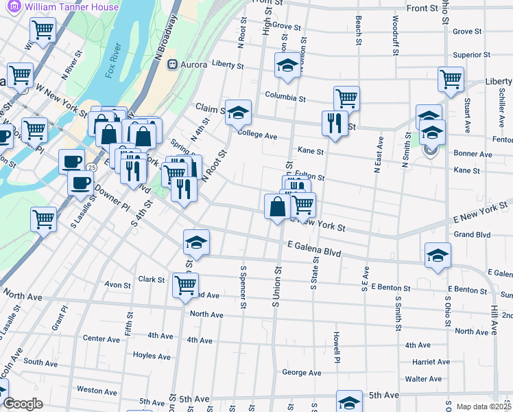 map of restaurants, bars, coffee shops, grocery stores, and more near 557 Spring Street in Aurora