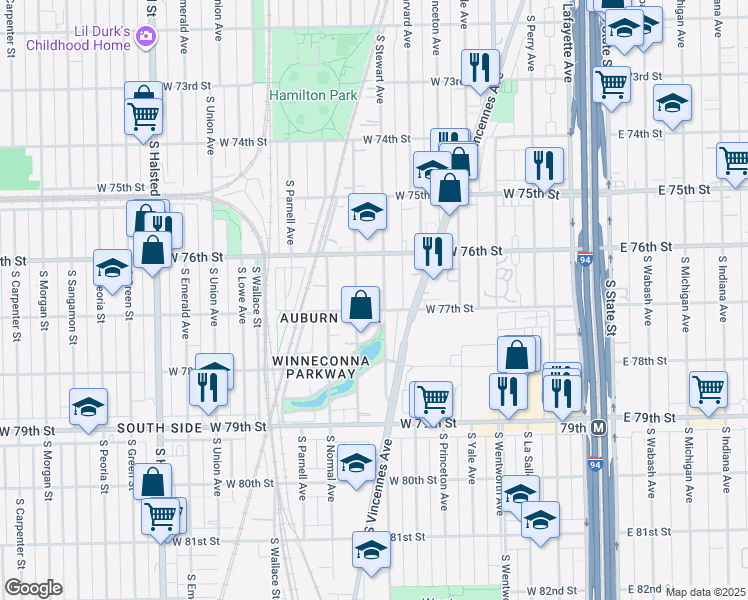 map of restaurants, bars, coffee shops, grocery stores, and more near 7620 South Stewart Avenue in Chicago