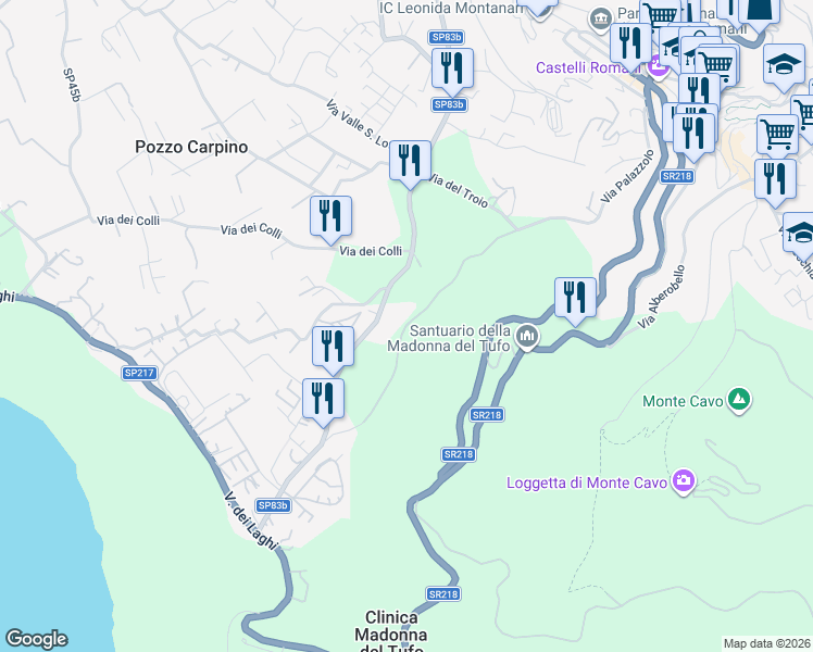 map of restaurants, bars, coffee shops, grocery stores, and more near 63 Via delle Barozze in Rocca di Papa