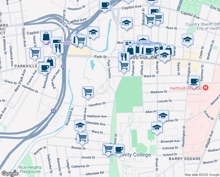 map of restaurants, bars, coffee shops, grocery stores, and more near 242 Park Terrace in Hartford