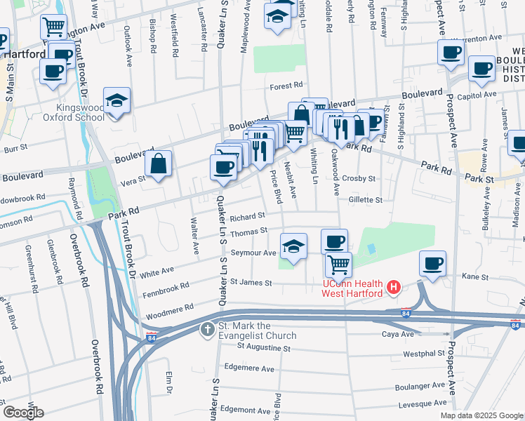 map of restaurants, bars, coffee shops, grocery stores, and more near 12 Court Park in West Hartford
