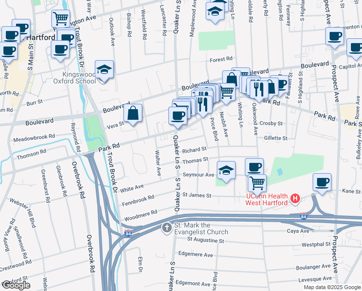 map of restaurants, bars, coffee shops, grocery stores, and more near 333 Park Road in West Hartford