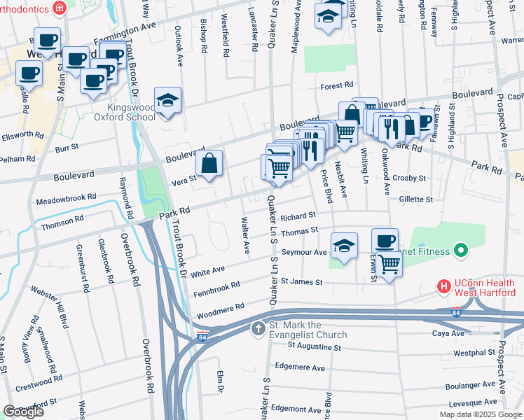 map of restaurants, bars, coffee shops, grocery stores, and more near 369 Park Road in West Hartford