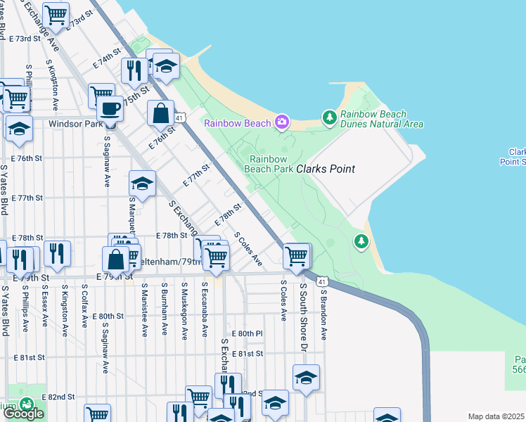 map of restaurants, bars, coffee shops, grocery stores, and more near 3017 East 78th Street in Chicago